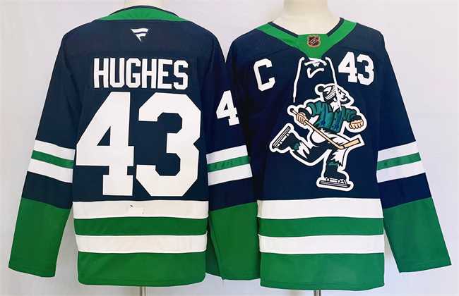 Men%27s Vancouver Canucks #43 Quinn Hughes Navy 2024 Reverse Retro Stitched Jersey